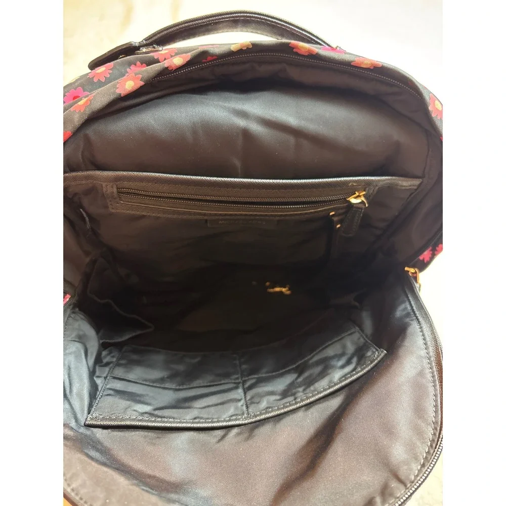 Michael Kors Abbey Nylon Backpack Black Pink Red Floral Daisy Print Gold Hardwar